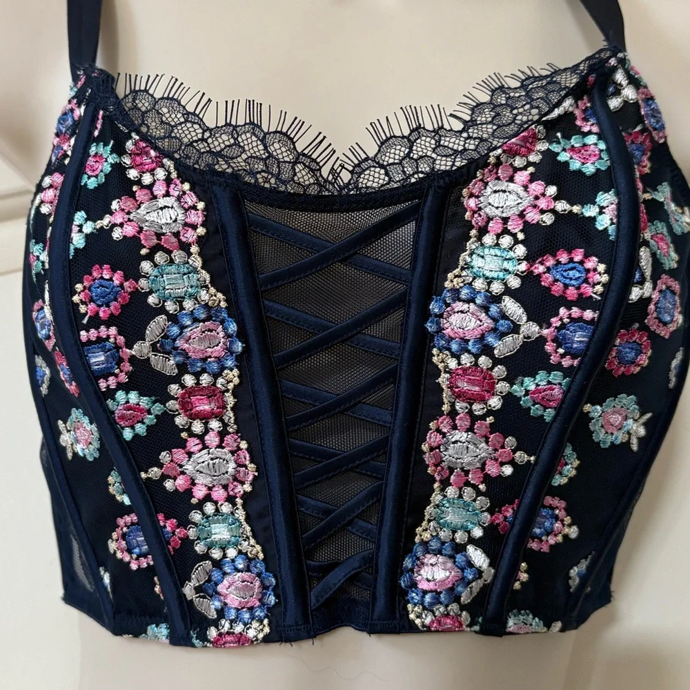 Victoria Secret‎ Top Unlined Corset Lace Bra Bejeweled Navy Embroidered